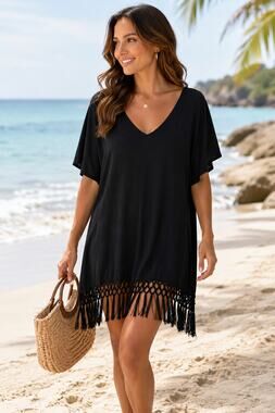 Black Fringe Swim Cover Up 2XL Dress V Neck Flutter Sleeve Crisscross Back EUC